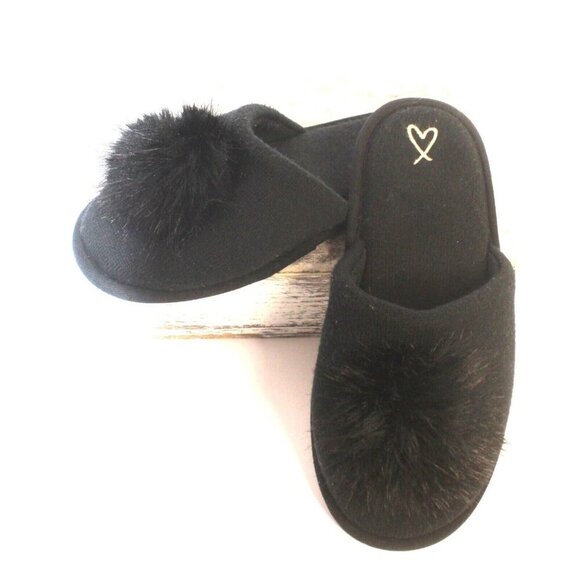 Victoria's Secret Black Knit Embroidered Pop Pom Slippers Slip On Women's Large - Picture 3 of 10